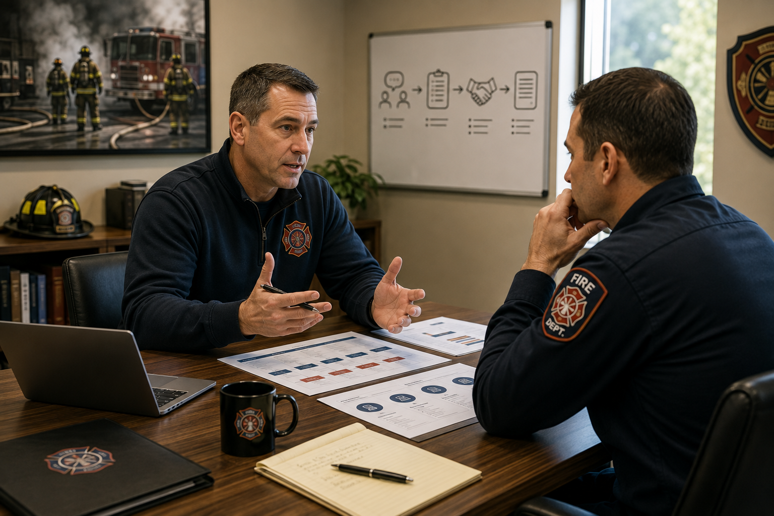 Fire department leaders discussing a promotional process consultation with 220 Consulting